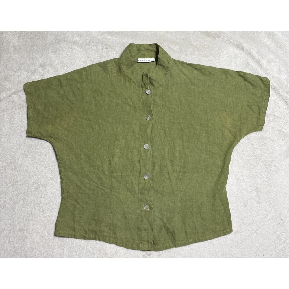 Bryan Walker Linen Top Women's Large Green Button Up Boxy Short Sleeve Shirt